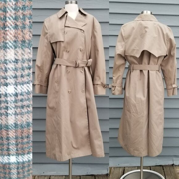 Vintage 80s London Fog Double Breasted Belted British Khaki Plaid Trench Coat 14 - Picture 10 of 10